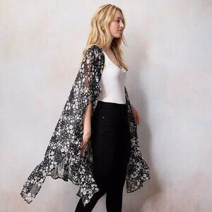 NWT LC LAuren COnrad Black White Floral Open Front Flowy BOho KImono Cardigan OS